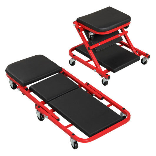2-in-1 Z-Shaped Rolling Garage Stool 36" Folding Flat Automotive Creeper-Red LuxuryLifeWay Online Store