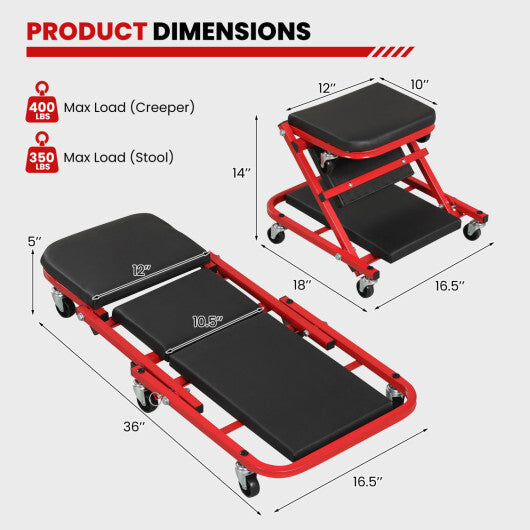 2-in-1 Z-Shaped Rolling Garage Stool 36" Folding Flat Automotive Creeper-Red LuxuryLifeWay Online Store