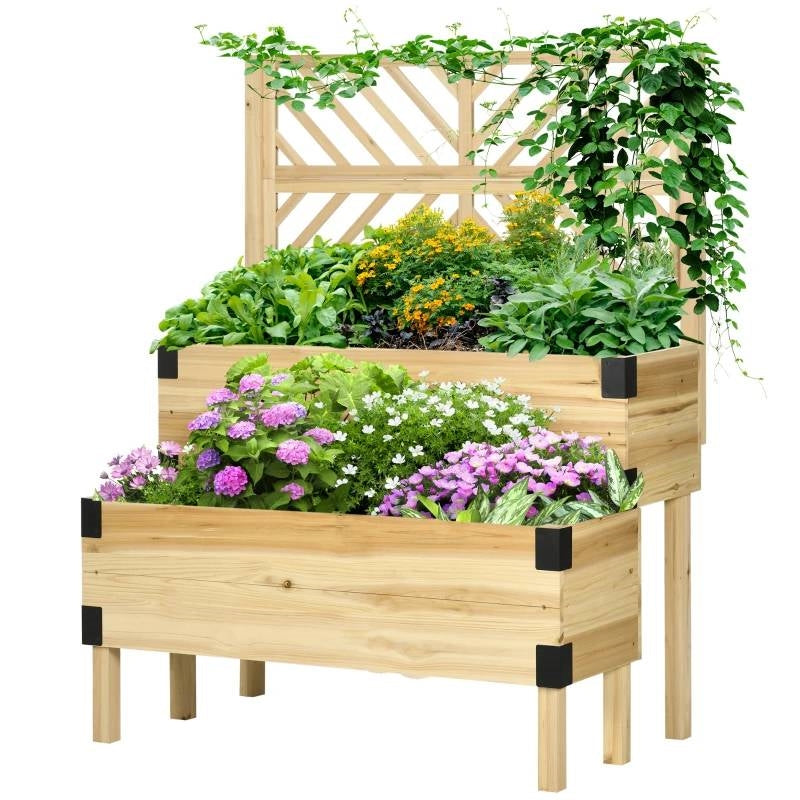 2 Tier Self Draining Natural Wood Raised Garden Bed Planter Box with Trellis LuxuryLifeWay Online Store