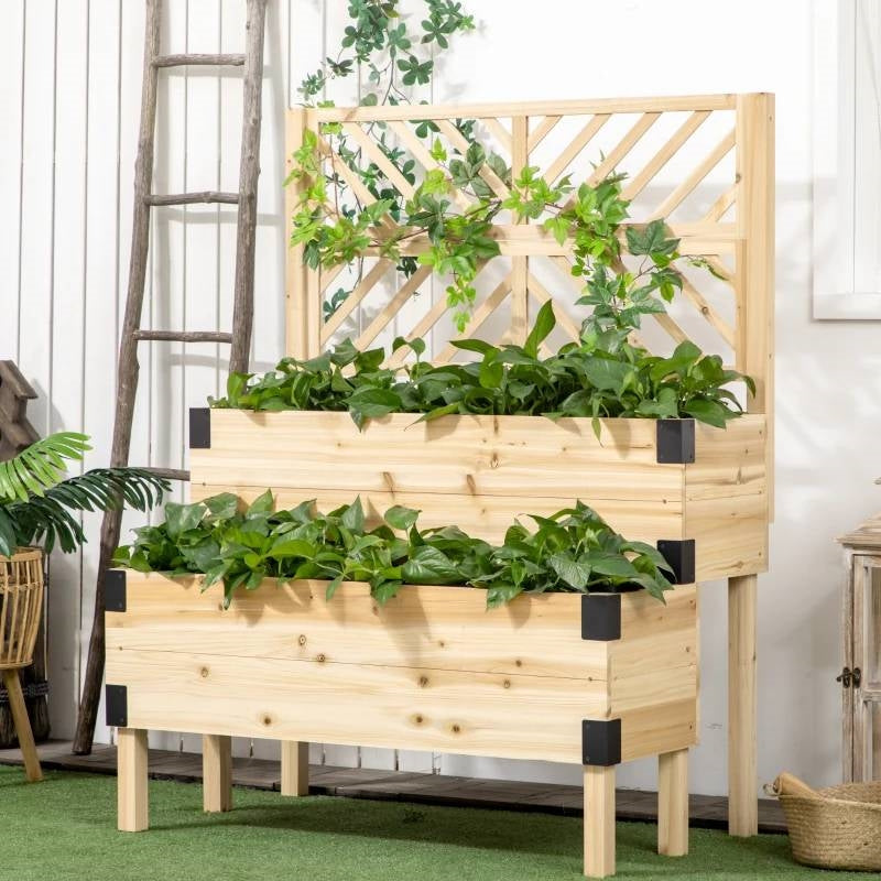 2 Tier Self Draining Natural Wood Raised Garden Bed Planter Box with Trellis LuxuryLifeWay Online Store
