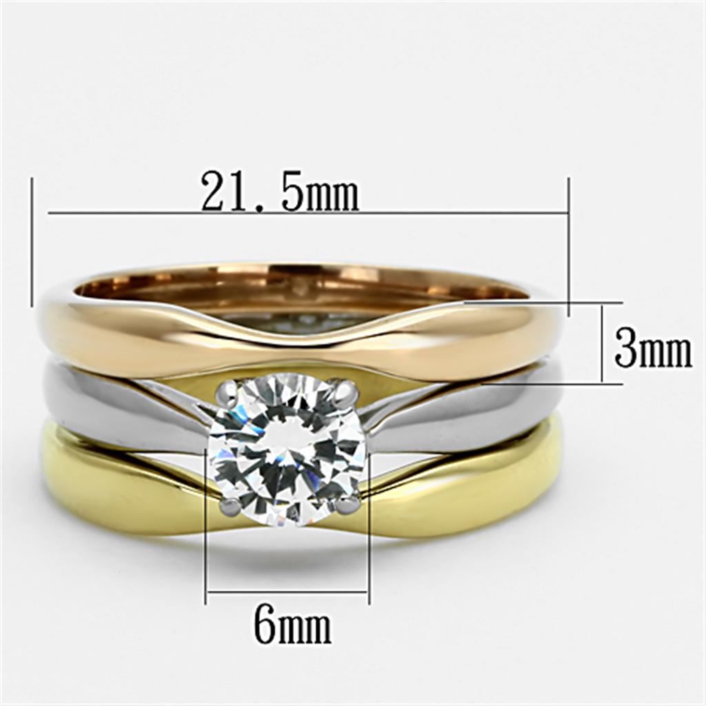 TK1278 - Three Tone (IP Gold & IP Rose Gold & High Polished) Stainless Steel Ring with AAA Grade CZ  in Clear LuxuryLifeWay Online Store