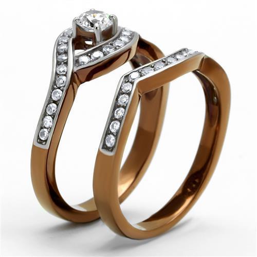 TK2953 - Two Tone IP Light Brown (IP Light coffee) Stainless Steel Ring with AAA Grade CZ  in Clear LuxuryLifeWay Online Store