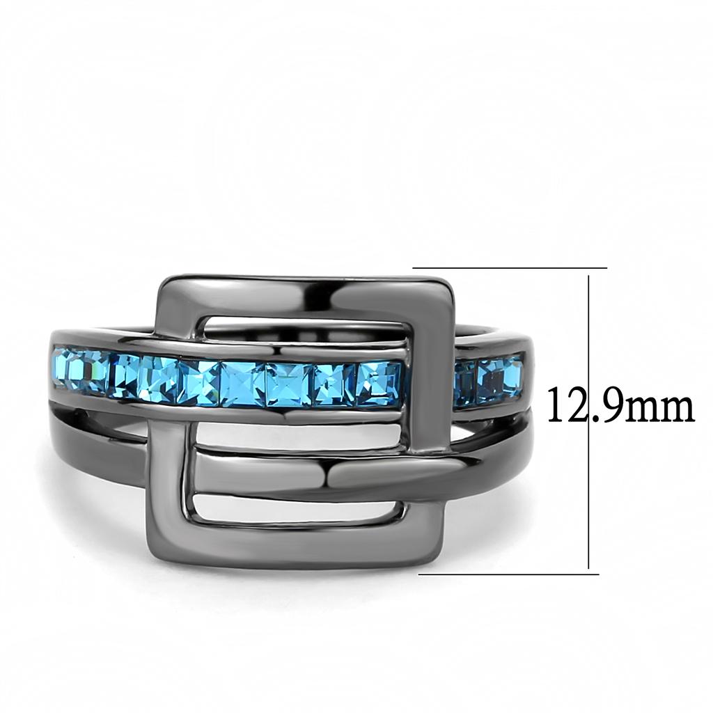 TK3451 - IP Light Black  (IP Gun) Stainless Steel Ring with Top Grade Crystal  in Sea Blue LuxuryLifeWay Online Store