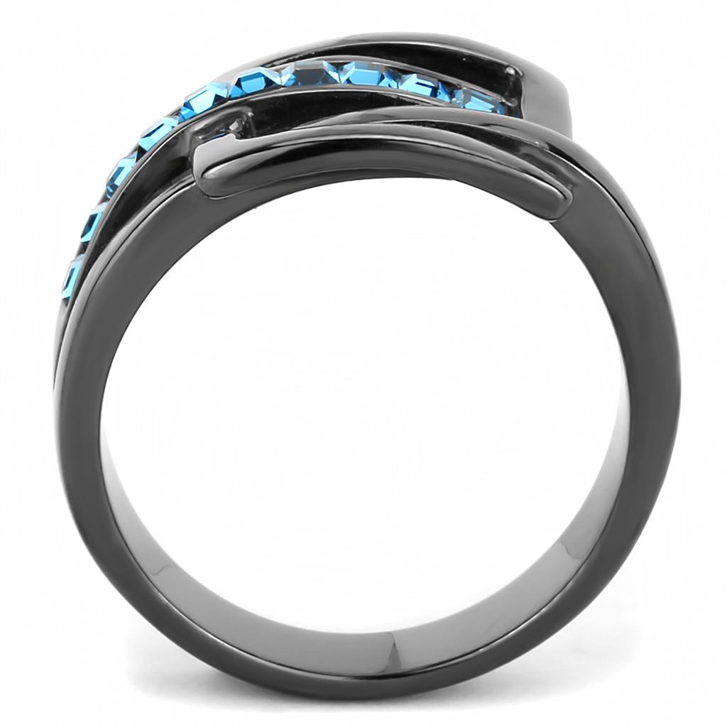 TK3451 - IP Light Black  (IP Gun) Stainless Steel Ring with Top Grade Crystal  in Sea Blue LuxuryLifeWay Online Store