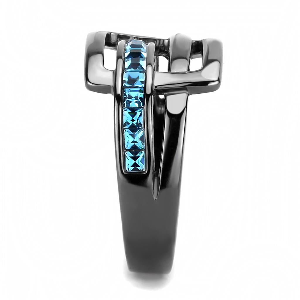 TK3451 - IP Light Black  (IP Gun) Stainless Steel Ring with Top Grade Crystal  in Sea Blue LuxuryLifeWay Online Store