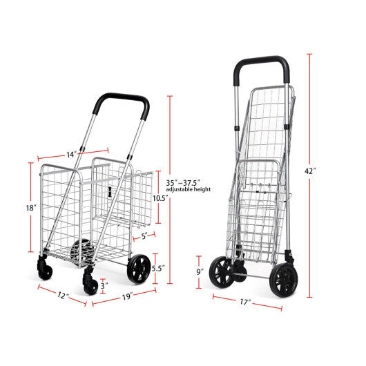 Folding Shopping Cart Basket Rolling Trolley with Adjustable Handle-Silver - Color: Silver LuxuryLifeWay Online Store