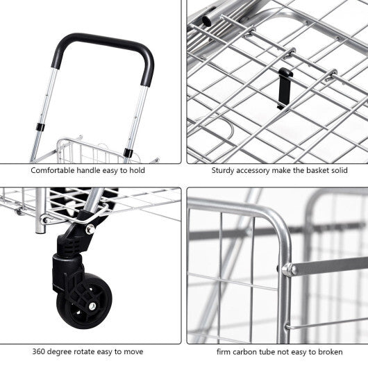Folding Shopping Cart Basket Rolling Trolley with Adjustable Handle-Silver - Color: Silver LuxuryLifeWay Online Store
