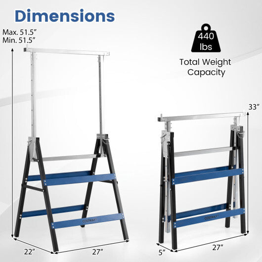 2 Pack Heavy Duty Metal Folding Saw Horses with Adjustable Height- Blue LuxuryLifeWay Online Store