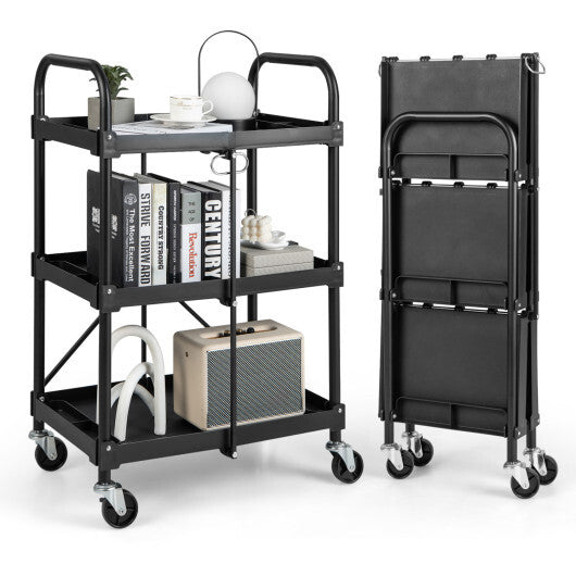 3-Tier Folding Trolley Cart with Universal Wheels Heavy Duty for Warehouse-Black LuxuryLifeWay Online Store