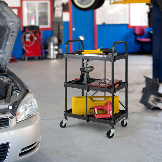 3-Tier Folding Trolley Cart with Universal Wheels Heavy Duty for Warehouse-Black LuxuryLifeWay Online Store