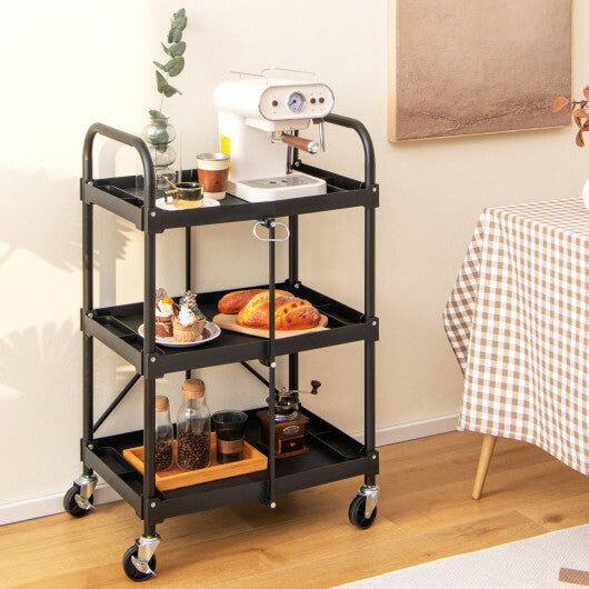 3-Tier Folding Trolley Cart with Universal Wheels Heavy Duty for Warehouse-Black LuxuryLifeWay Online Store