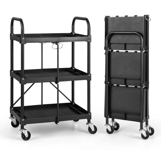 3-Tier Folding Trolley Cart with Universal Wheels Heavy Duty for Warehouse-Black LuxuryLifeWay Online Store