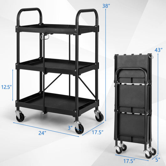 3-Tier Folding Trolley Cart with Universal Wheels Heavy Duty for Warehouse-Black LuxuryLifeWay Online Store