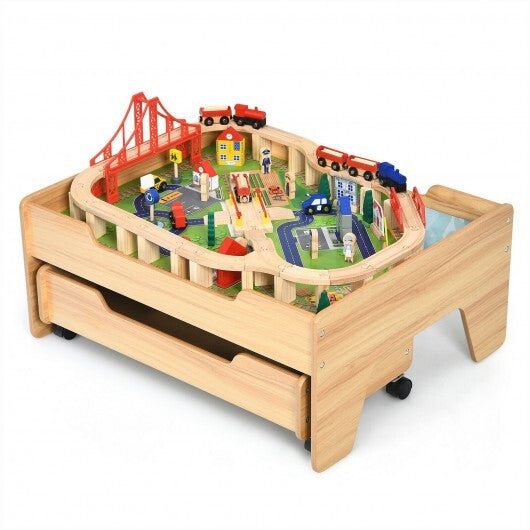 Kids Wooden Train Set Table with 100 Multicolor Pieces and Lockable Wheels LuxuryLifeWay Online Store