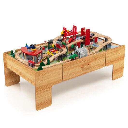 100-Piece Double-Sided Wooden Train Set Table with Storage Drawer for Kids Age 3 + LuxuryLifeWay Online Store