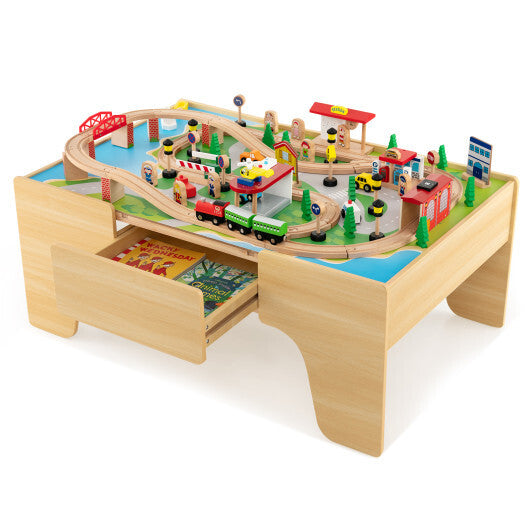 84-Piece Wooden Train Set with Reversible and Detachable Tabletop LuxuryLifeWay Online Store