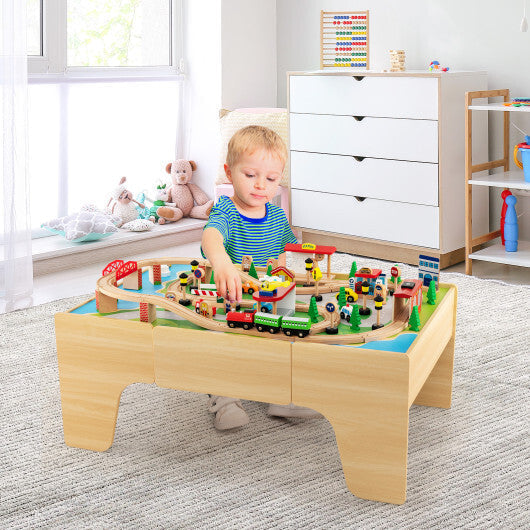 84-Piece Wooden Train Set with Reversible and Detachable Tabletop LuxuryLifeWay Online Store
