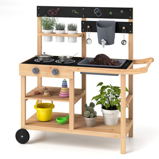 Outdoor Fir Wood Play Kitchen with Blackboard and Planting Pots-Natural LuxuryLifeWay Online Store