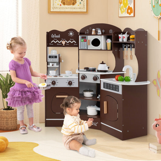Corner Wooden Play Kitchen with Coffee Machine and Slide for Kids-Brown