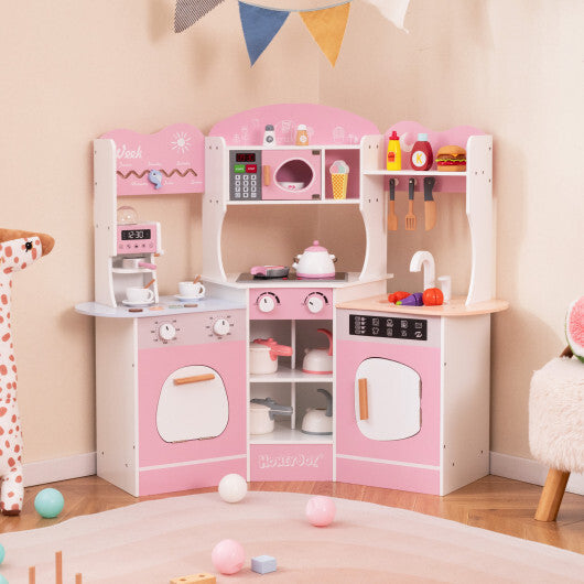 Corner Wooden Play Kitchen with Coffee Machine and Slide for Kids-Brown