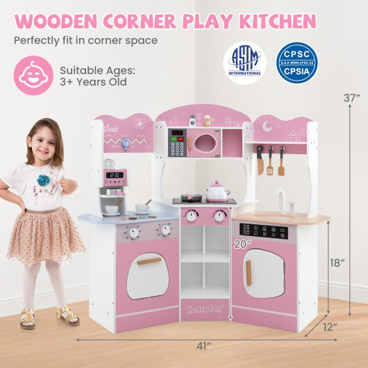 Corner Wooden Play Kitchen with Coffee Machine and Slide for Kids-Brown