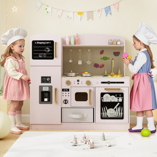 Wooden Kids Kitchen Playset with Chalkboard Ice Maker Sink Lighted Microwave-White