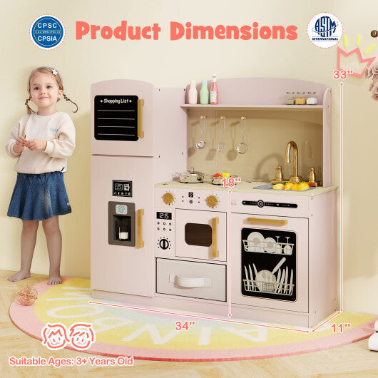 Wooden Kids Kitchen Playset with Chalkboard Ice Maker Sink Lighted Microwave-White