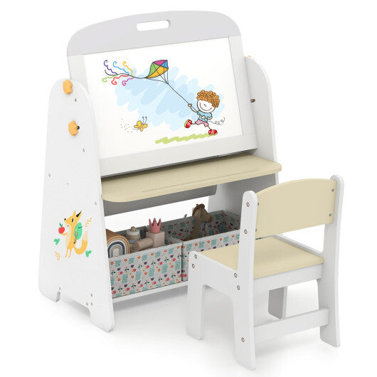 4-in-1 Kids Table and Chair Set Art Easel with Magnetic Whiteboard and Bookshelf-Natural LuxuryLifeWay Online Store