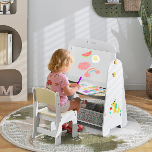 4-in-1 Kids Table and Chair Set Art Easel with Magnetic Whiteboard and Bookshelf-Natural LuxuryLifeWay Online Store