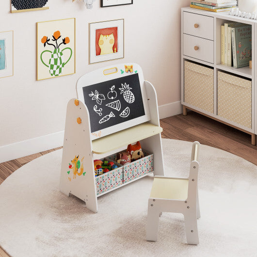 4-in-1 Kids Table and Chair Set Art Easel with Magnetic Whiteboard and Bookshelf-Natural LuxuryLifeWay Online Store
