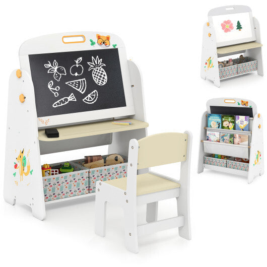 4-in-1 Kids Table and Chair Set Art Easel with Magnetic Whiteboard and Bookshelf-Natural LuxuryLifeWay Online Store
