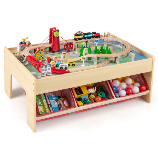 Wooden Train Set Table Kids Multipurpose Activity Play Table with 2 Reversible Tabletops-Red LuxuryLifeWay Online Store