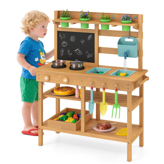 Outdoor Play Pretend Kitchen with Faucet and Removable Sinks for Children Aged 3+-Natural LuxuryLifeWay Online Store