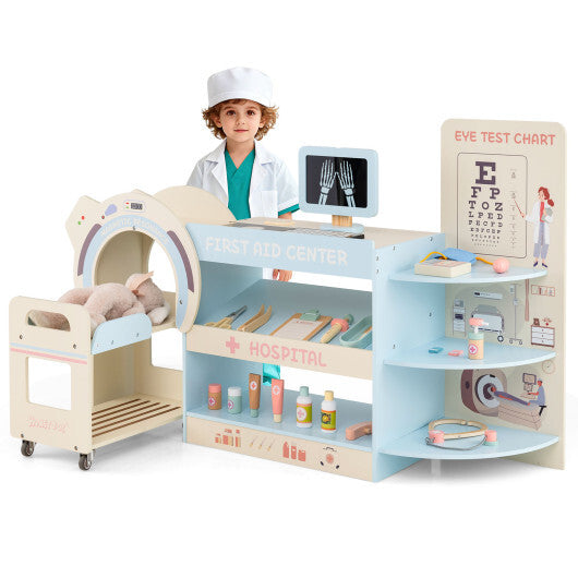 Kids Doctor Play Set Wooden Pretend Hospital Office Kit with Eye Chart Toy CT Machine-Blue LuxuryLifeWay Online Store