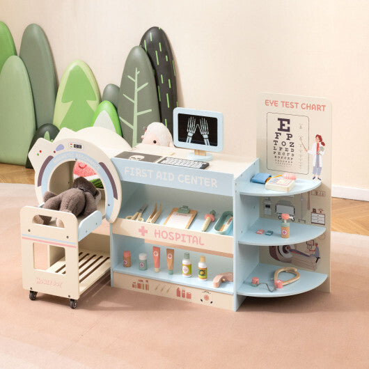 Kids Doctor Play Set Wooden Pretend Hospital Office Kit with Eye Chart Toy CT Machine-Blue LuxuryLifeWay Online Store