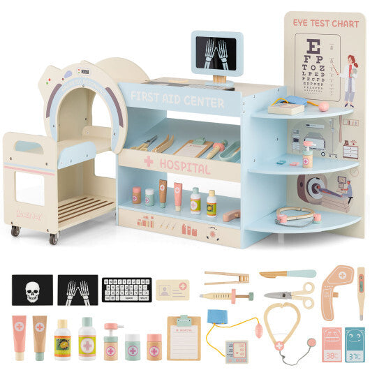 Kids Doctor Play Set Wooden Pretend Hospital Office Kit with Eye Chart Toy CT Machine-Blue LuxuryLifeWay Online Store