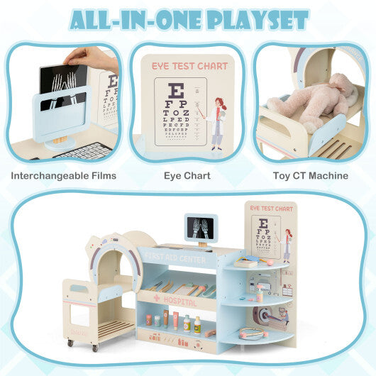 Kids Doctor Play Set Wooden Pretend Hospital Office Kit with Eye Chart Toy CT Machine-Blue LuxuryLifeWay Online Store