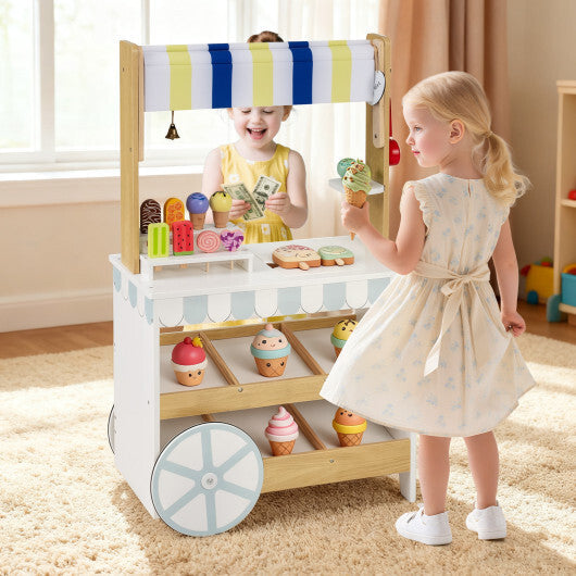 Wooden Ice Cream Cart for Kids 2-in-1 Grocery Store Playset with Display Shelves-White