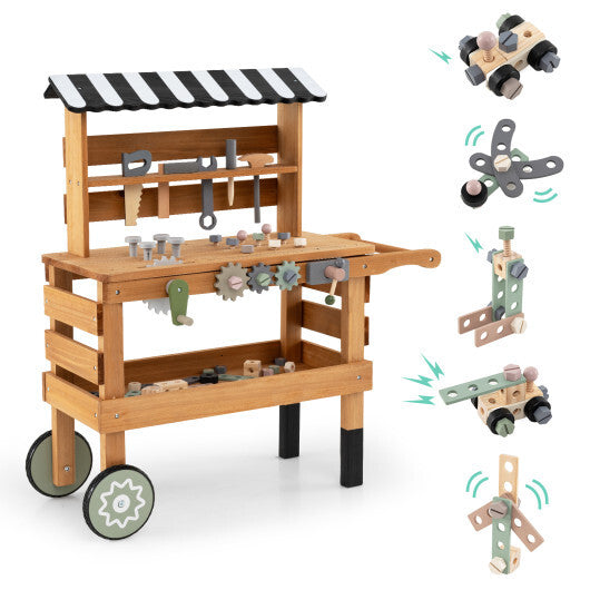 2-in-1 Kids Rolling Cart with Play Tools Set for Construction Play-Brown LuxuryLifeWay Online Store