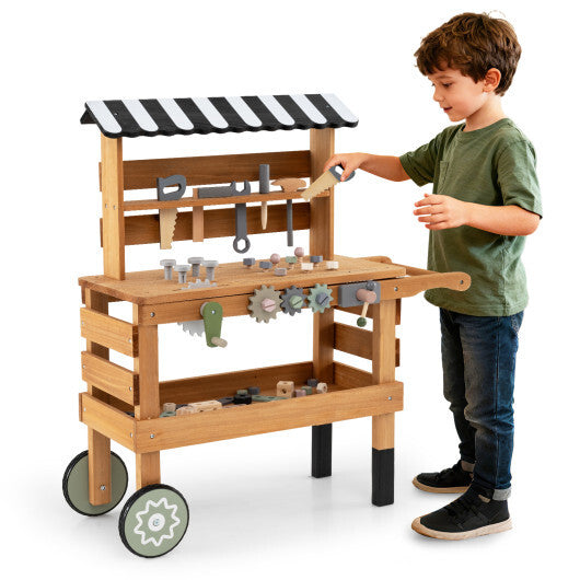 2-in-1 Kids Rolling Cart with Play Tools Set for Construction Play-Brown LuxuryLifeWay Online Store