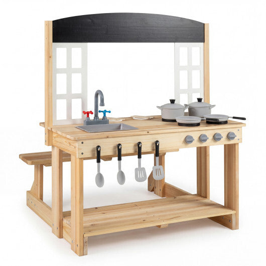 Wooden Pretend Play Kitchen with Bench and Cooking Accessories-Natural LuxuryLifeWay Online Store