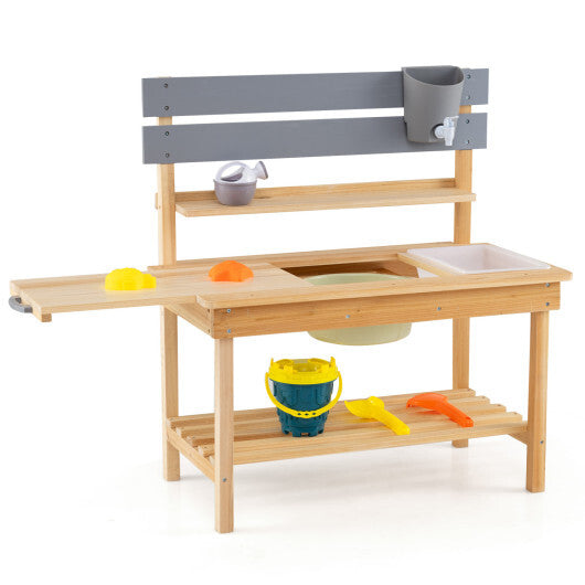 Outdoor Kids Mud Kitchen with Extended Tabletop and Water Tank-Natural LuxuryLifeWay Online Store
