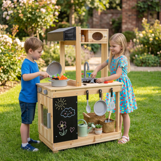Kids Outdoor Wooden Mud Kitchen with Stoves and Chalkboard-Natural LuxuryLifeWay Online Store