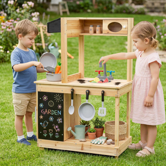 Kids Outdoor Wooden Mud Kitchen with Stoves and Chalkboard-Natural LuxuryLifeWay Online Store