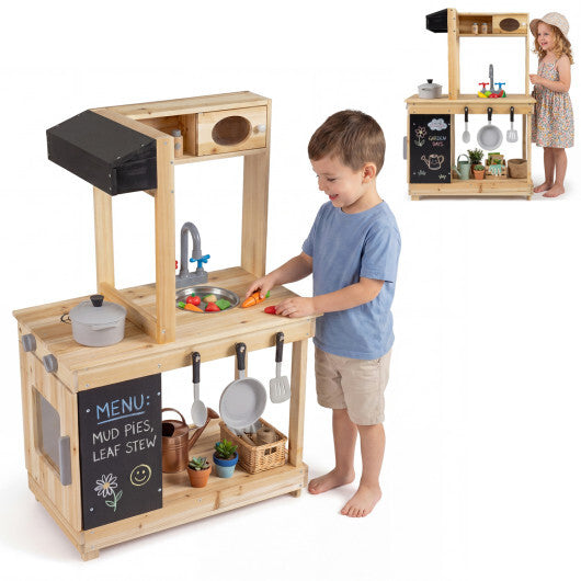 Kids Outdoor Wooden Mud Kitchen with Stoves and Chalkboard-Natural LuxuryLifeWay Online Store