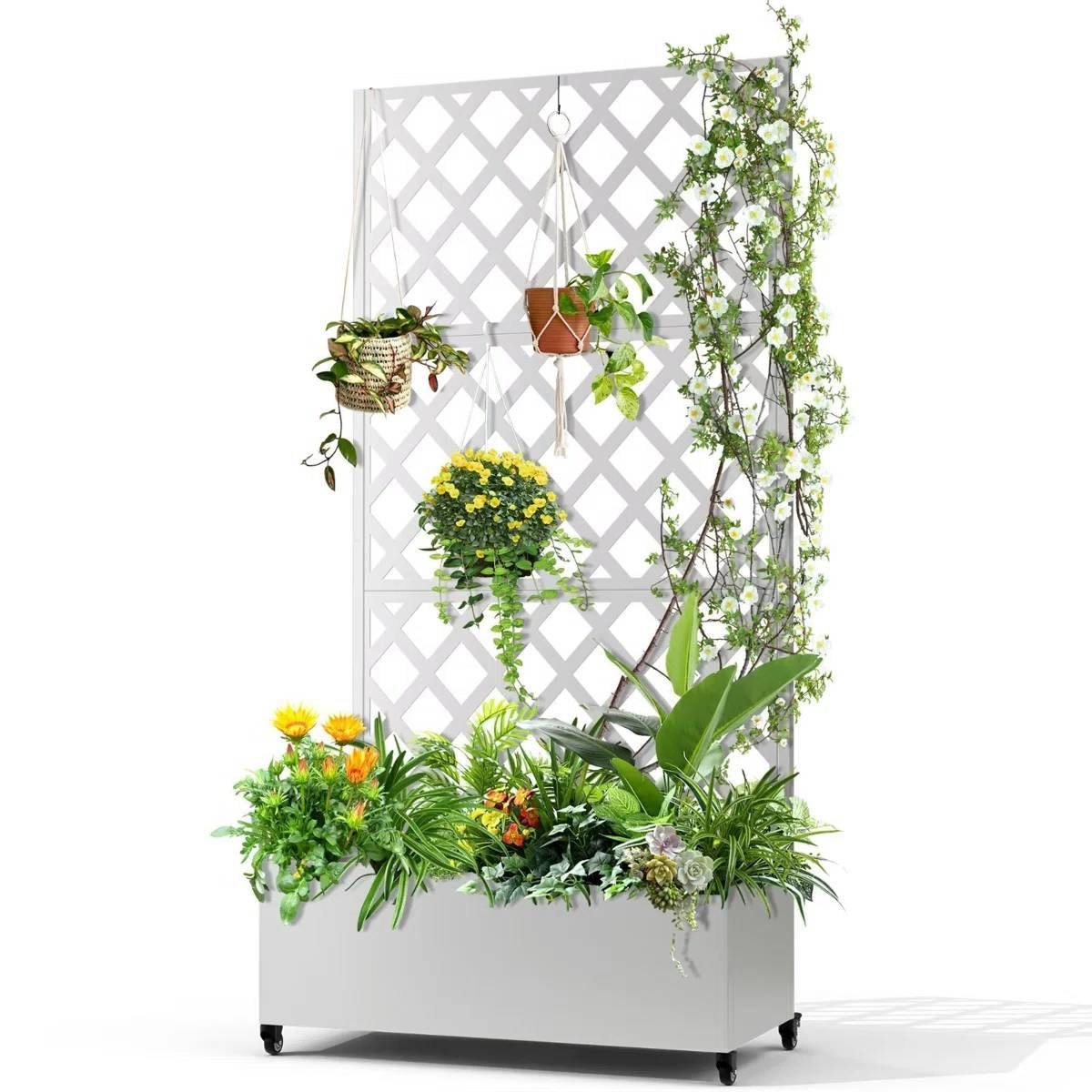 White Metal Outdoor Raised Garden Bed Planter Box with Trellis on Wheels LuxuryLifeWay Online Store