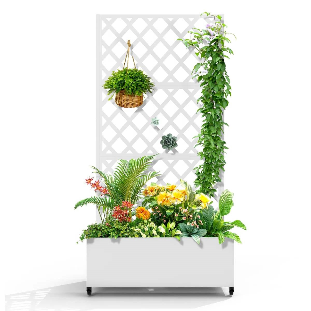 White Metal Outdoor Raised Garden Bed Planter Box with Trellis on Wheels LuxuryLifeWay Online Store