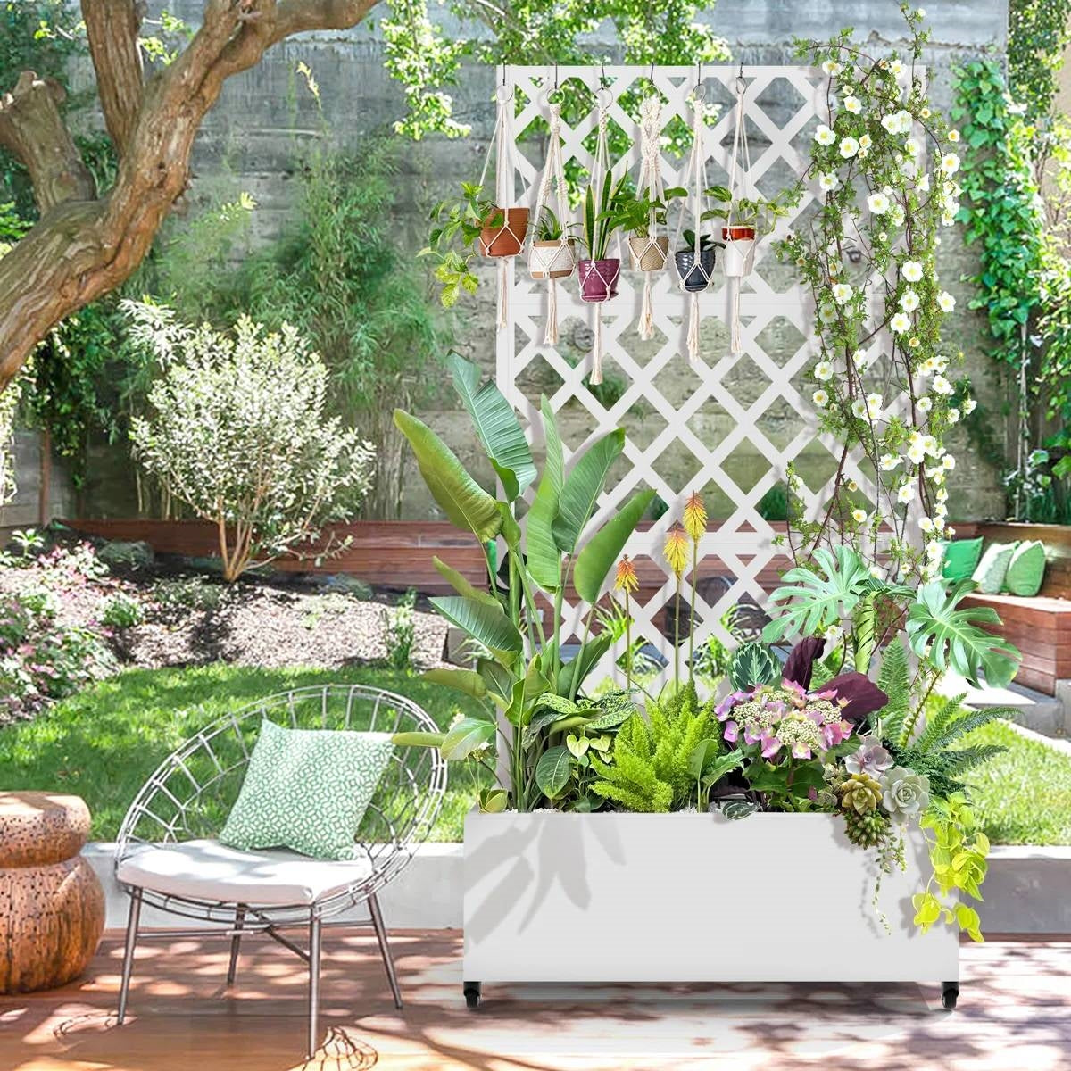 White Metal Outdoor Raised Garden Bed Planter Box with Trellis on Wheels LuxuryLifeWay Online Store