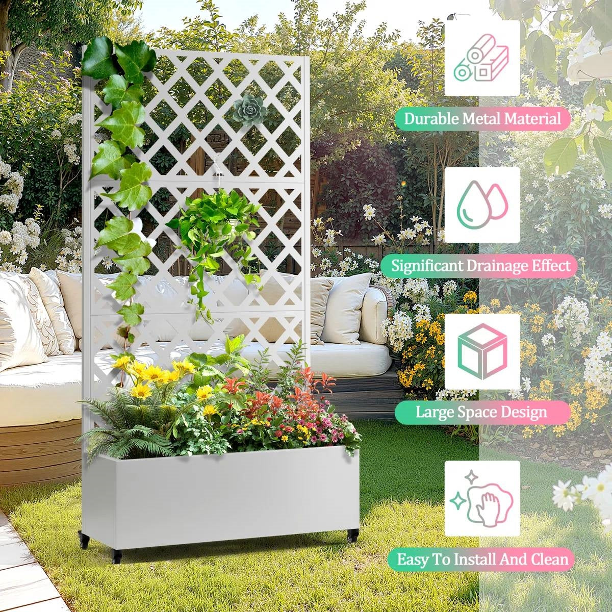 White Metal Outdoor Raised Garden Bed Planter Box with Trellis on Wheels LuxuryLifeWay Online Store
