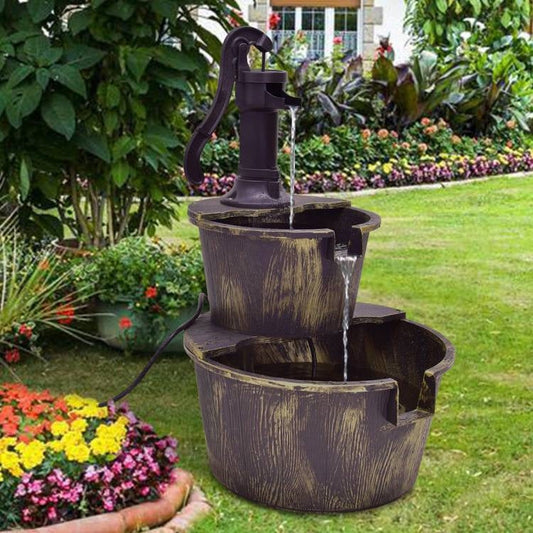 Outdoor 2-Tier Rustic Barrel Water Fountain with Submersible Pump LuxuryLifeWay Online Store